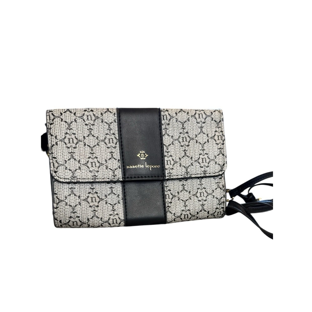 Nanette Lepore Monogram Crossbody Bag Black Ivory Gold Chain Adjustable Small